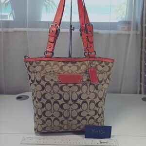 Coach Chelsea Medium Red Brown Signature Canvas Leather Straps